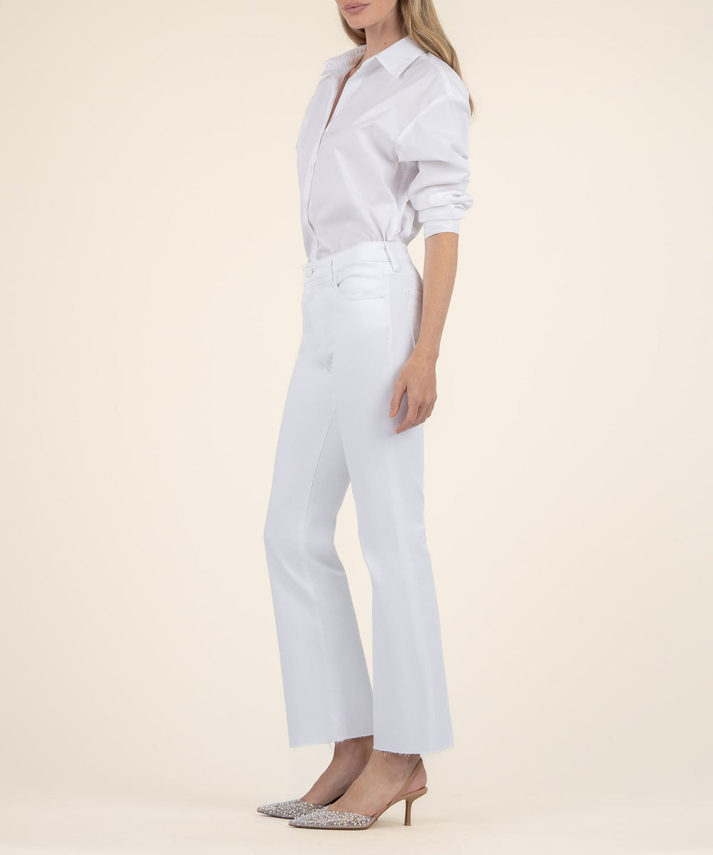 KELSEY OPTIC WHITE HIGH RISE ANKLE FLARE WITH RAW HEM