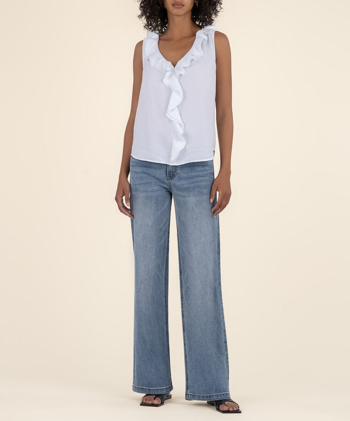 GENESSA WHITE SLEEVELESS RUFFLE TOP