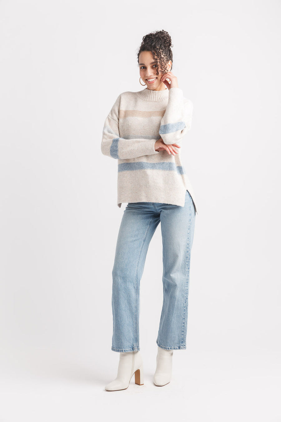 OATMEAL STELLA STRIPE MOCK NECK SWEATER
