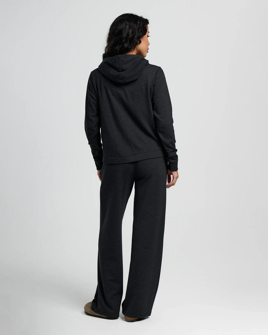 WOMEN'S HEATHER BLACK BAMBOO LIGHTWEIGHT FLEECE WIDE LEG PANT