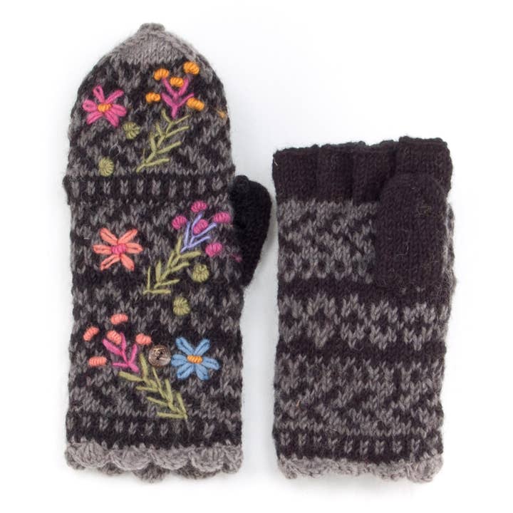 Sadie Black Wool Knit Finger Mittens