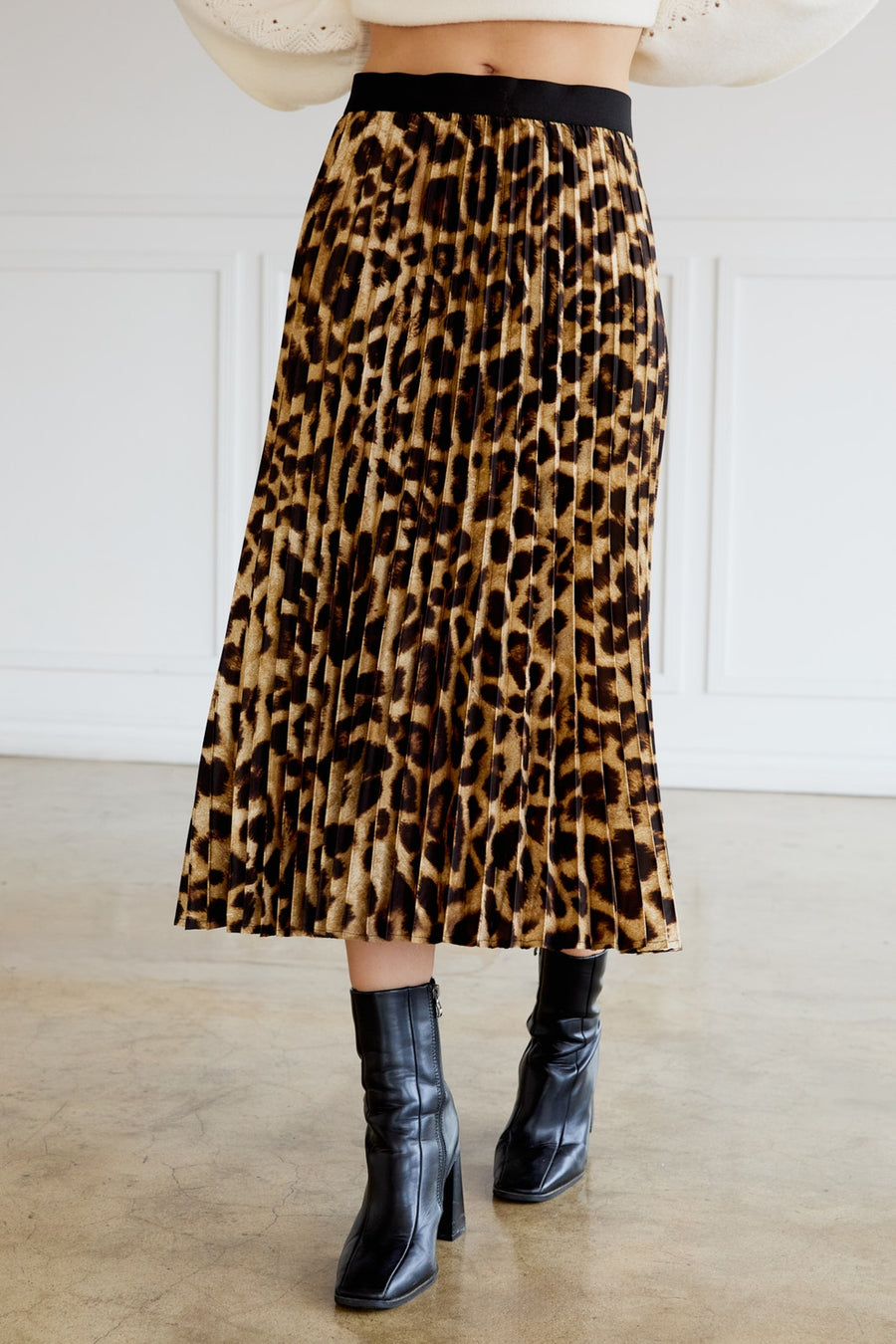 THEA BROWN ANIMAL PRINT PLEATED MIDI SKIRT