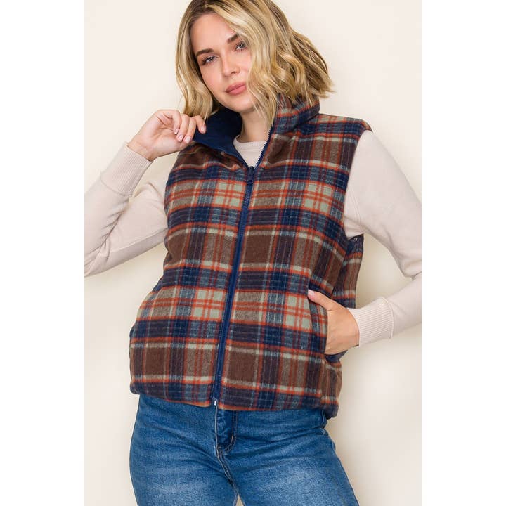 NAVY & BROWN PLAID REVERSIBLE VEST