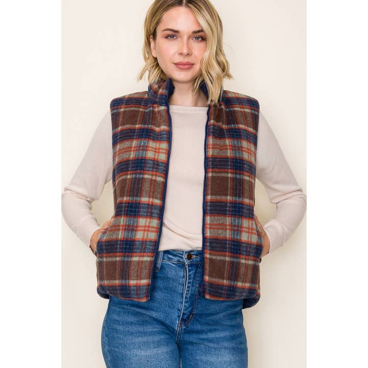 NAVY & BROWN PLAID REVERSIBLE VEST