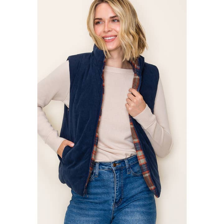 NAVY & BROWN PLAID REVERSIBLE VEST