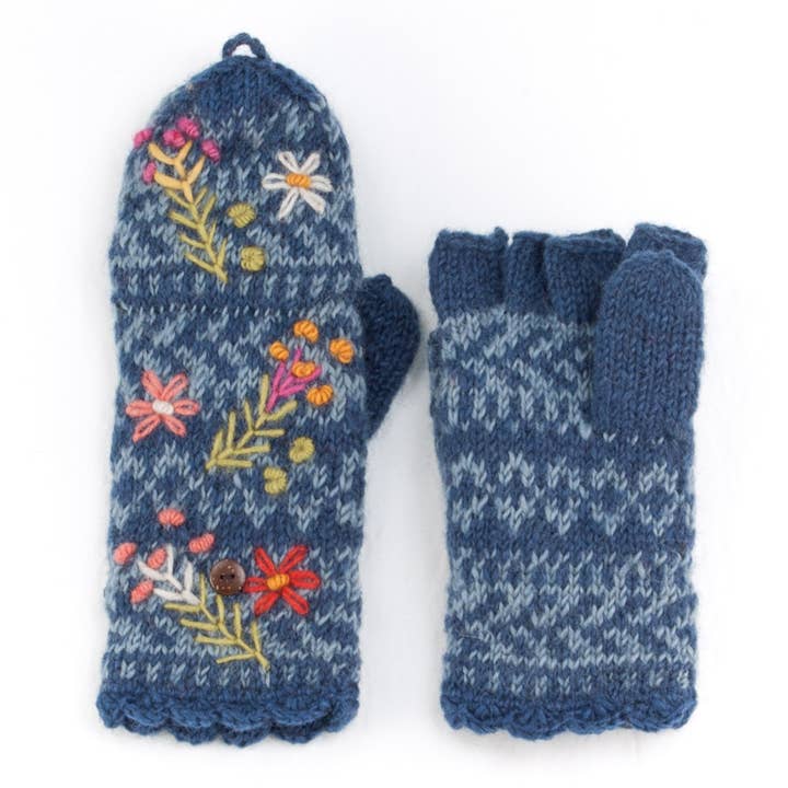 Sadie Blue Wool Knit Finger Mittens