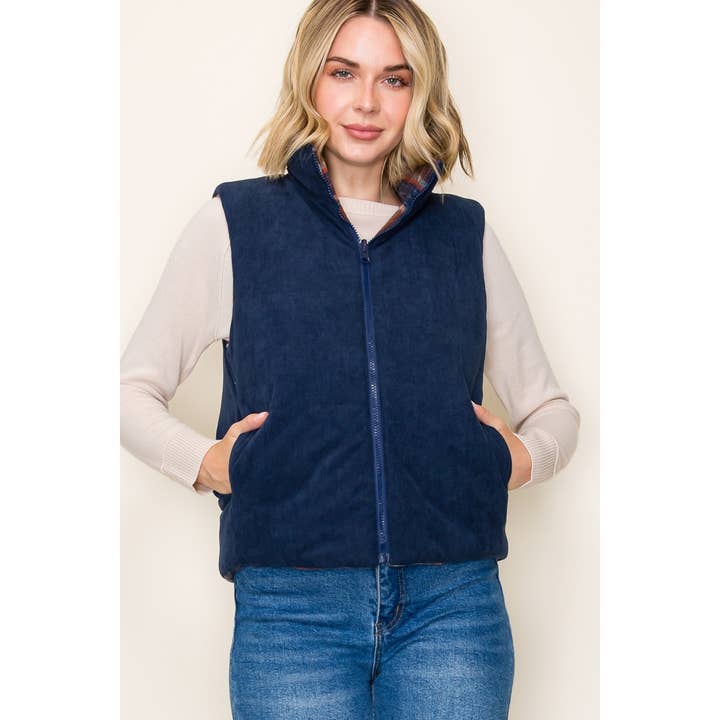 NAVY & BROWN PLAID REVERSIBLE VEST