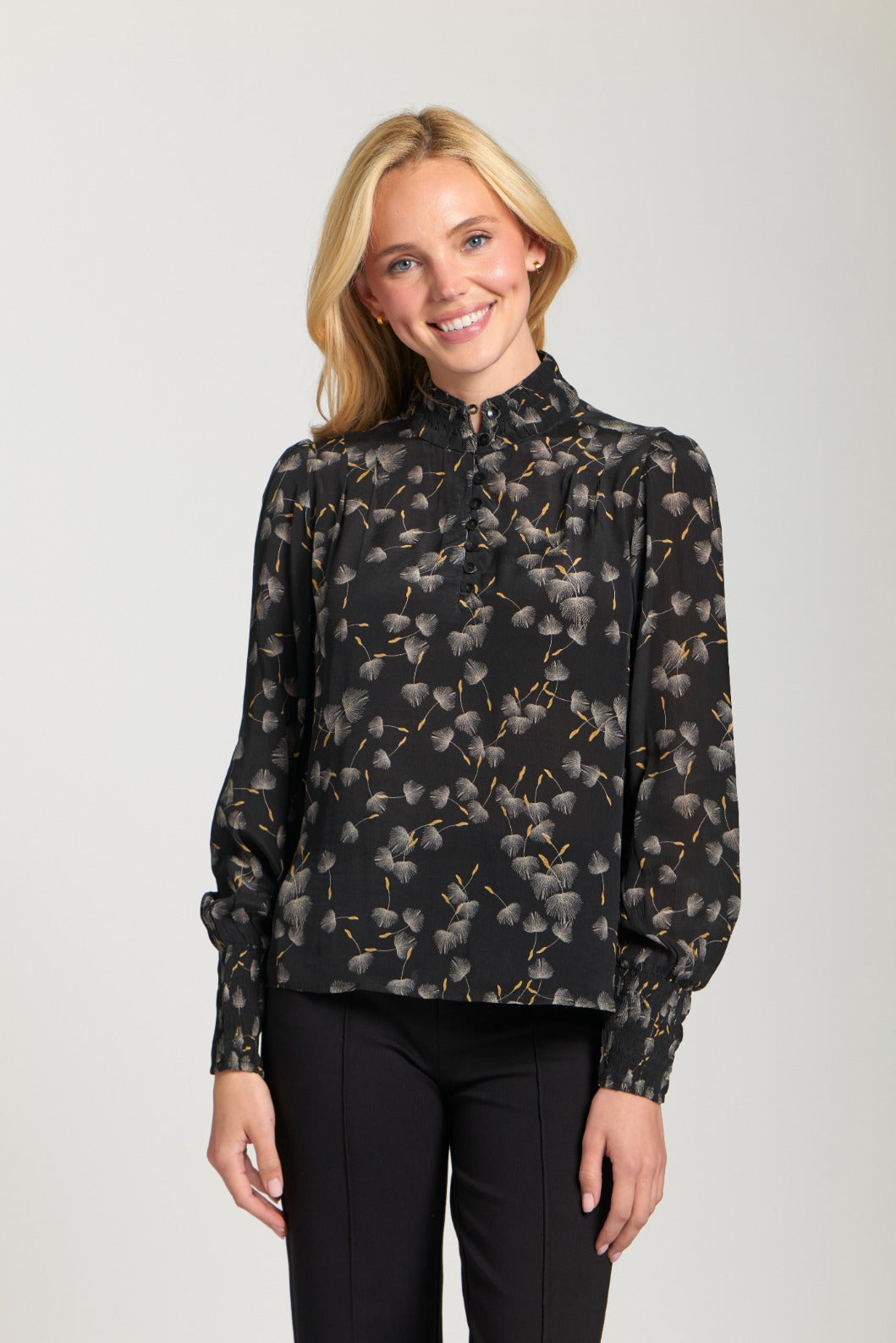 ERIKA BLACK WHISPY PRINT PUFF SLEEVE BLOUSE