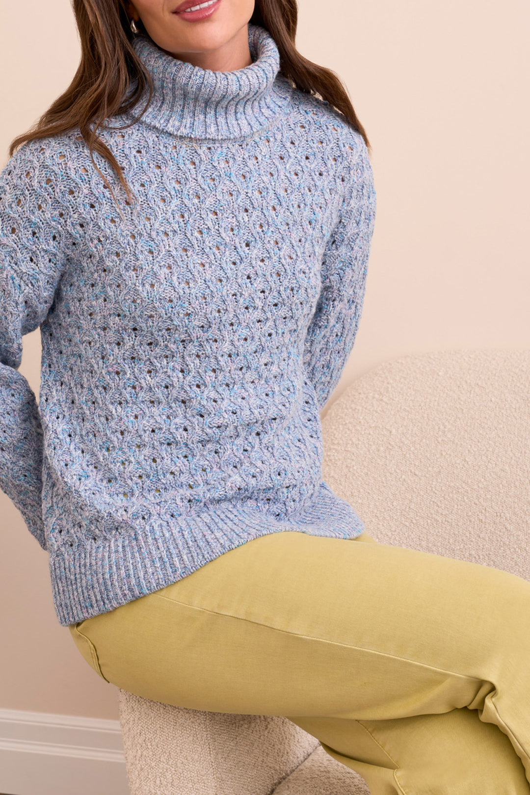 LIGHT BLUE VIOLET TEXTURED CABLE TURTLE NECK SWEATER