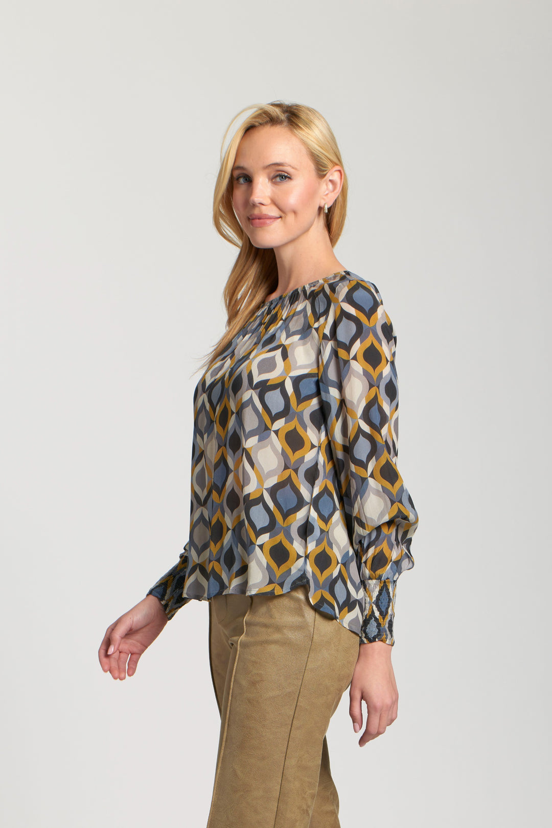 SHERRY STEEL BLUE & BLACK PRINT SMOCKED SLEEVES BLOUSE