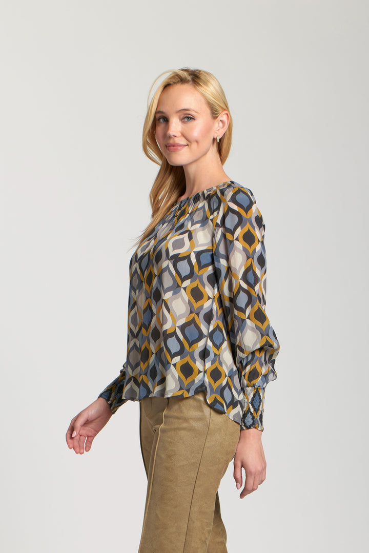 SHERRY STEEL BLUE & BLACK PRINT SMOCKED SLEEVES BLOUSE