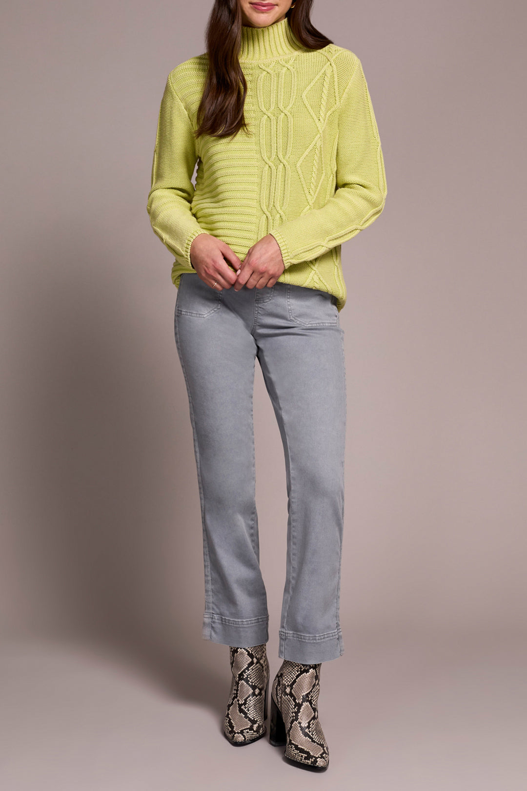 LIMEMIST MOCK NECK CABLE SWEATER