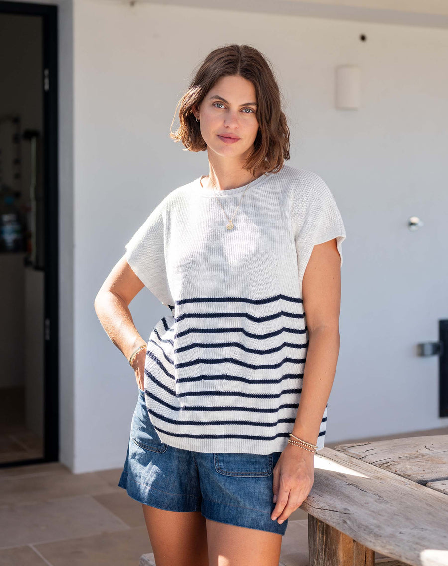 SEA SALT + NAVY STRIPE CAMDEN SHORT SLEEVE SWEATER