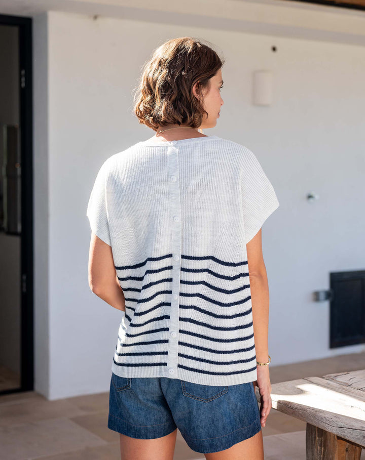 SEA SALT + NAVY STRIPE CAMDEN SHORT SLEEVE SWEATER