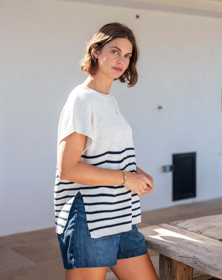 SEA SALT + NAVY STRIPE CAMDEN SHORT SLEEVE SWEATER