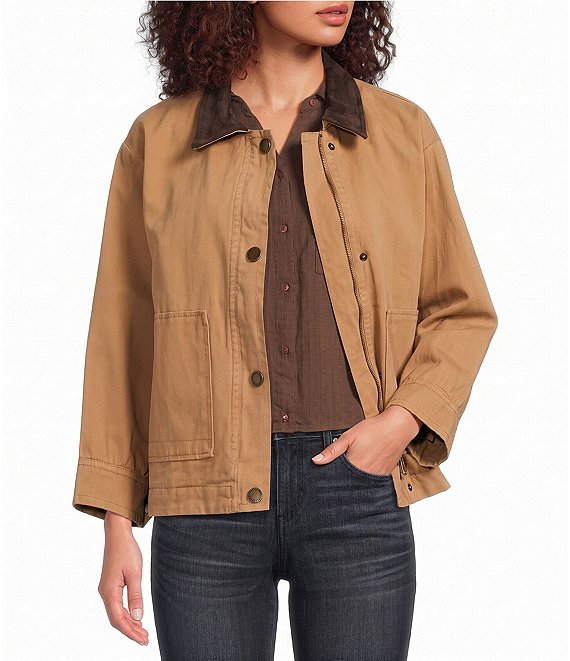 CARAMEL LATTE LONG SLEEVE SNAP FRONT BARN JACKET WITH CONTRAST COLLAR