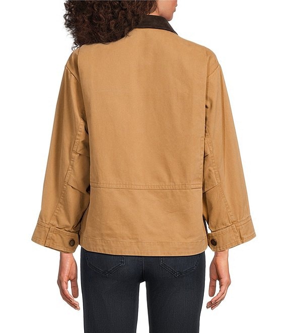 CARAMEL LATTE LONG SLEEVE SNAP FRONT BARN JACKET WITH CONTRAST COLLAR
