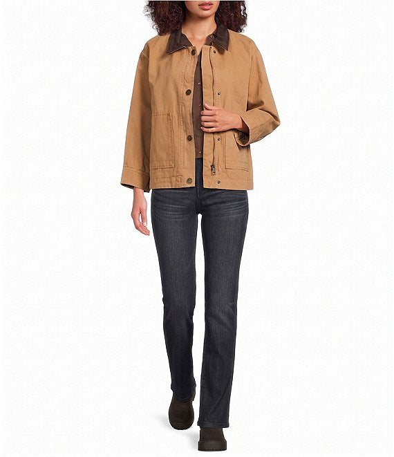 CARAMEL LATTE LONG SLEEVE SNAP FRONT BARN JACKET WITH CONTRAST COLLAR