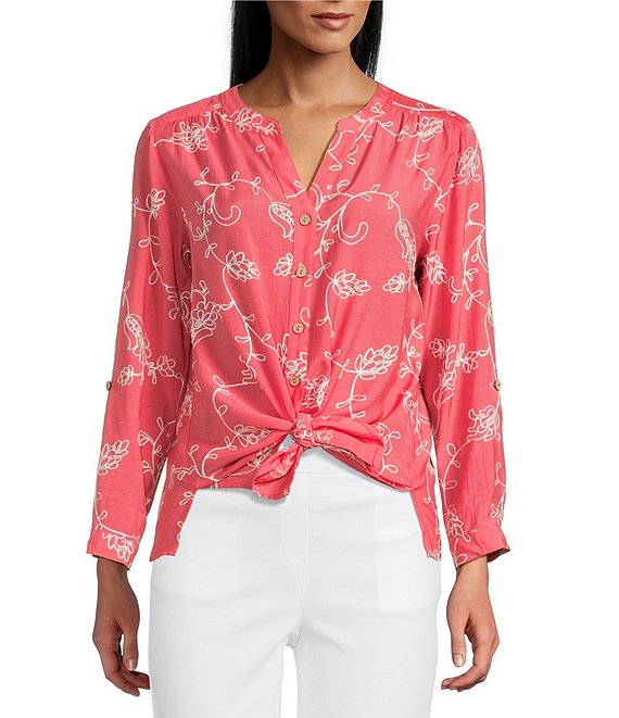 CORAL PINK SPLIT V-NECK EMBROIDERED BLOUSE