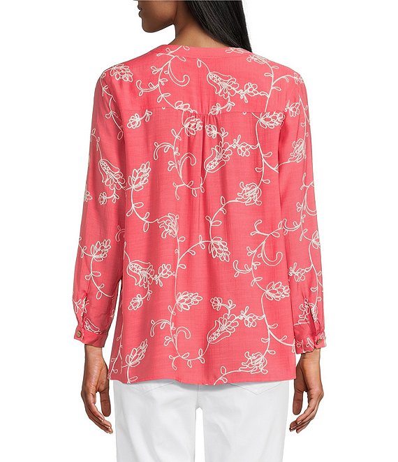 CORAL PINK SPLIT V-NECK EMBROIDERED BLOUSE
