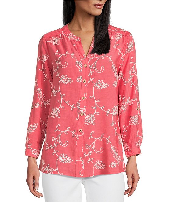 CORAL PINK SPLIT V-NECK EMBROIDERED BLOUSE
