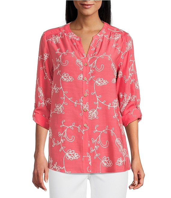 CORAL PINK SPLIT V-NECK EMBROIDERED BLOUSE