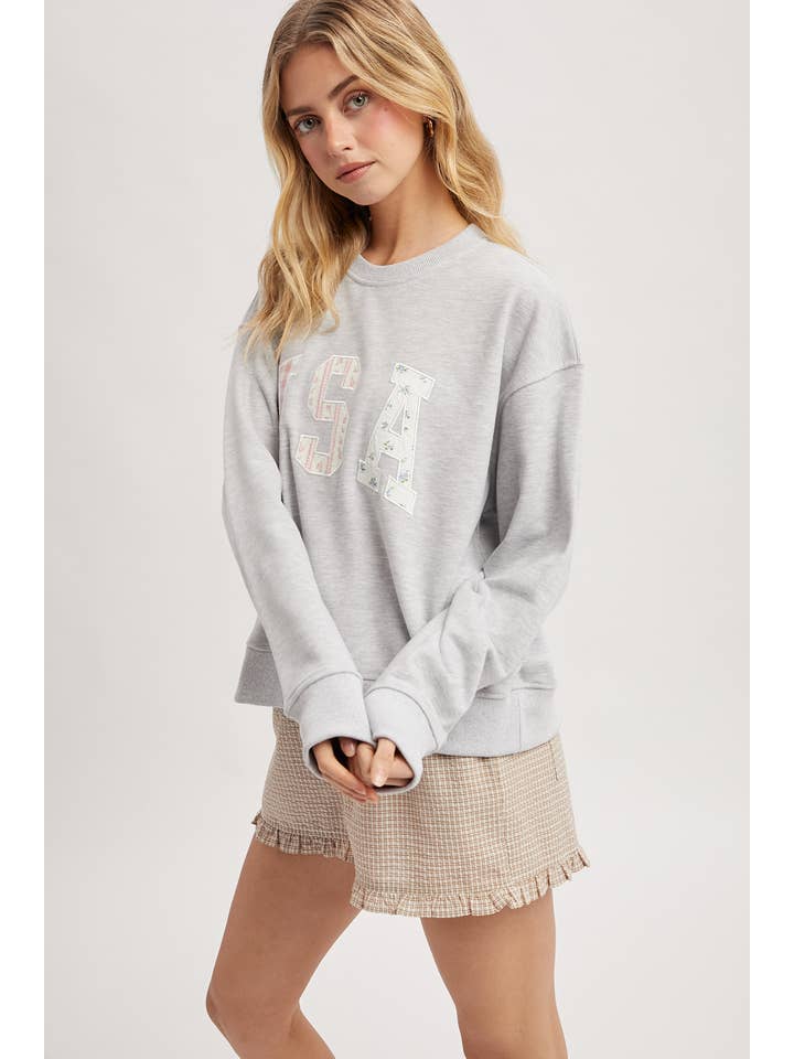 USA PATCHWORK PRINT HEATHER GREY SWEATSHIRT