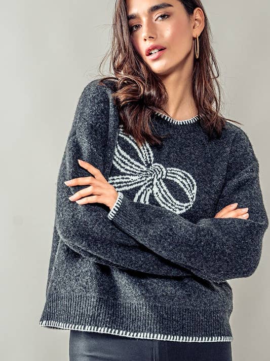 SWEET CHARCOAL BOW SWEATER