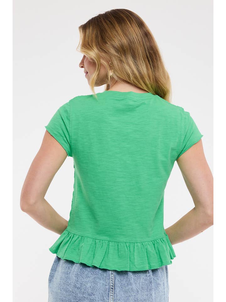 CLOVER GREEN SMOCKED RUFFLE KNIT TOP
