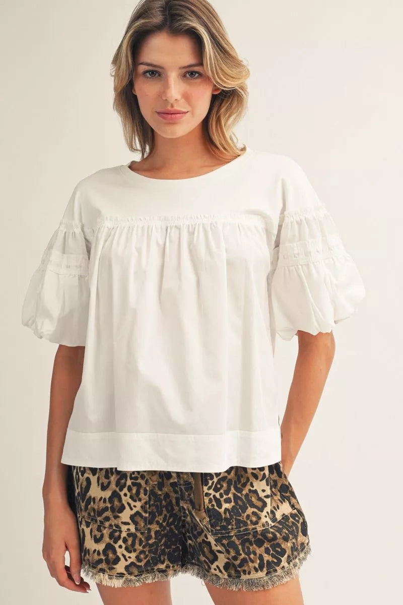 AMY SOLID WHITE SMOCKED SHORT SLEEVE TOP
