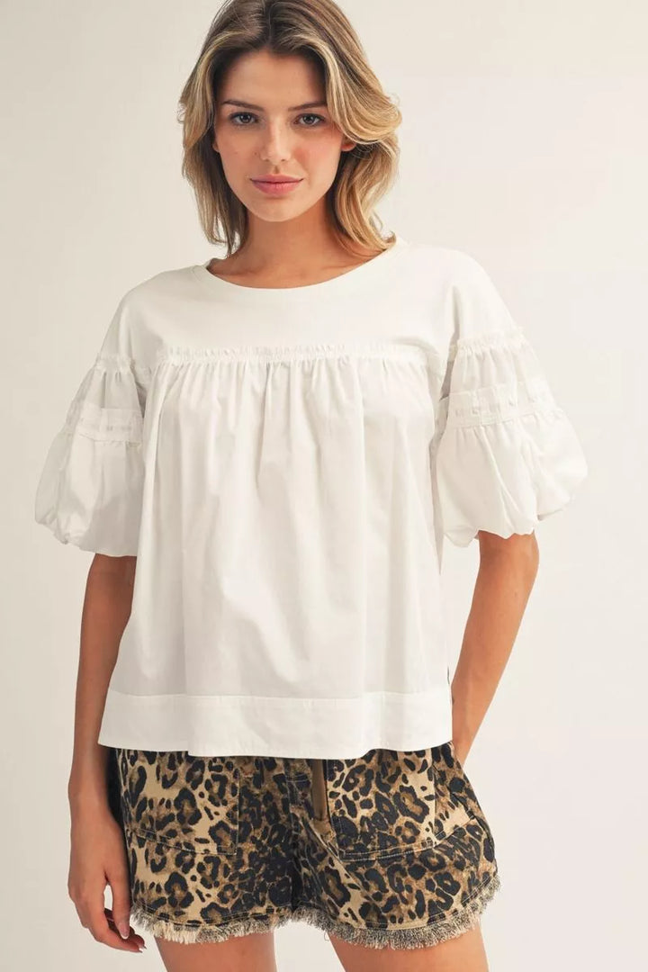 AMY SOLID WHITE SMOCKED SHORT SLEEVE TOP