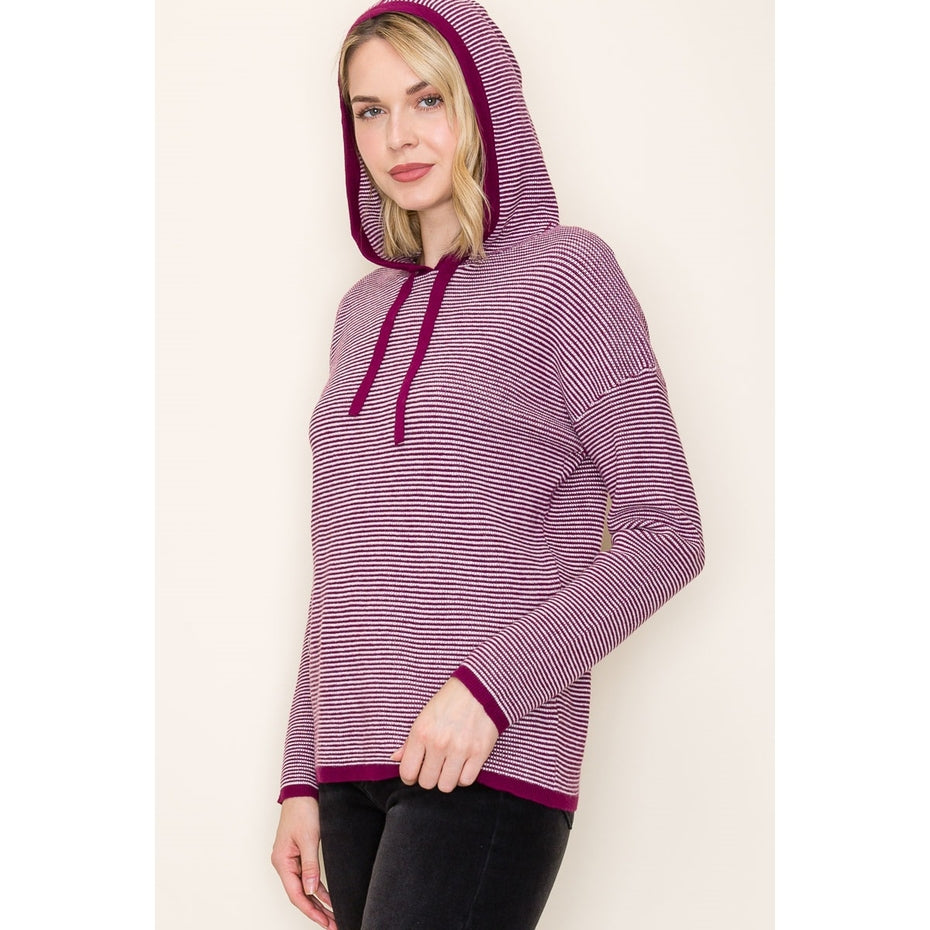DARK MAGENTA WAFFLE TEXTURE STRIPE HOODIE