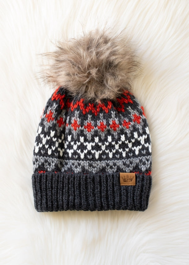 DARK GREY, RED AND WHITE POM HAT