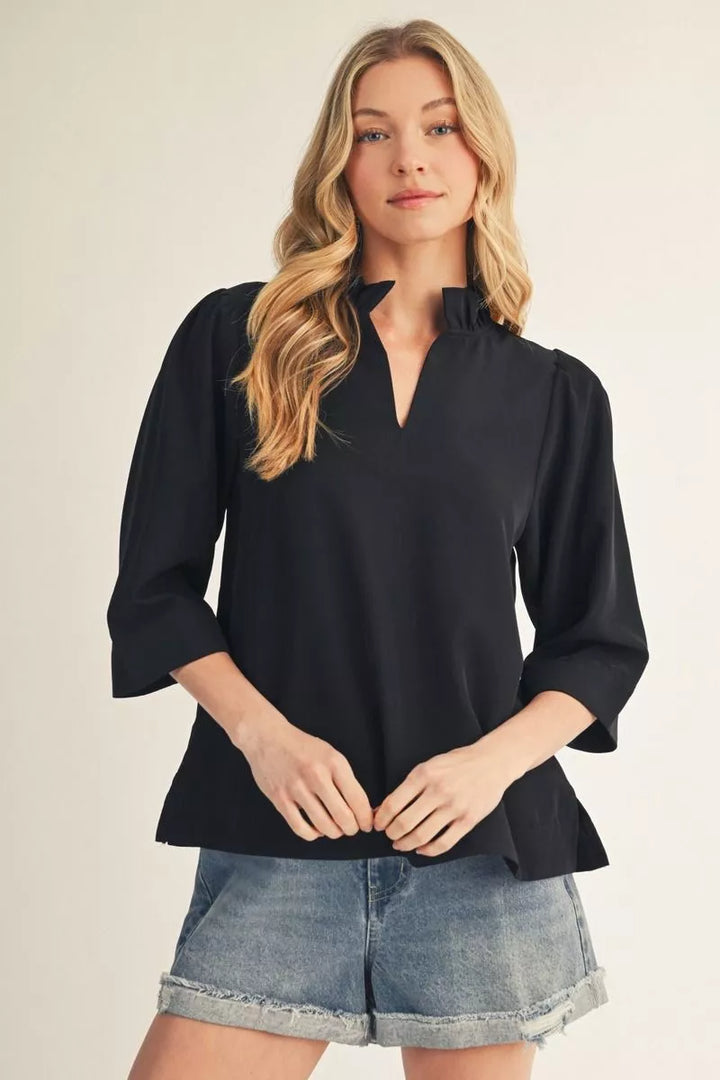 BLACK 3/4 SLEEVE RUFFLED SPLIT NECKLINE TOP