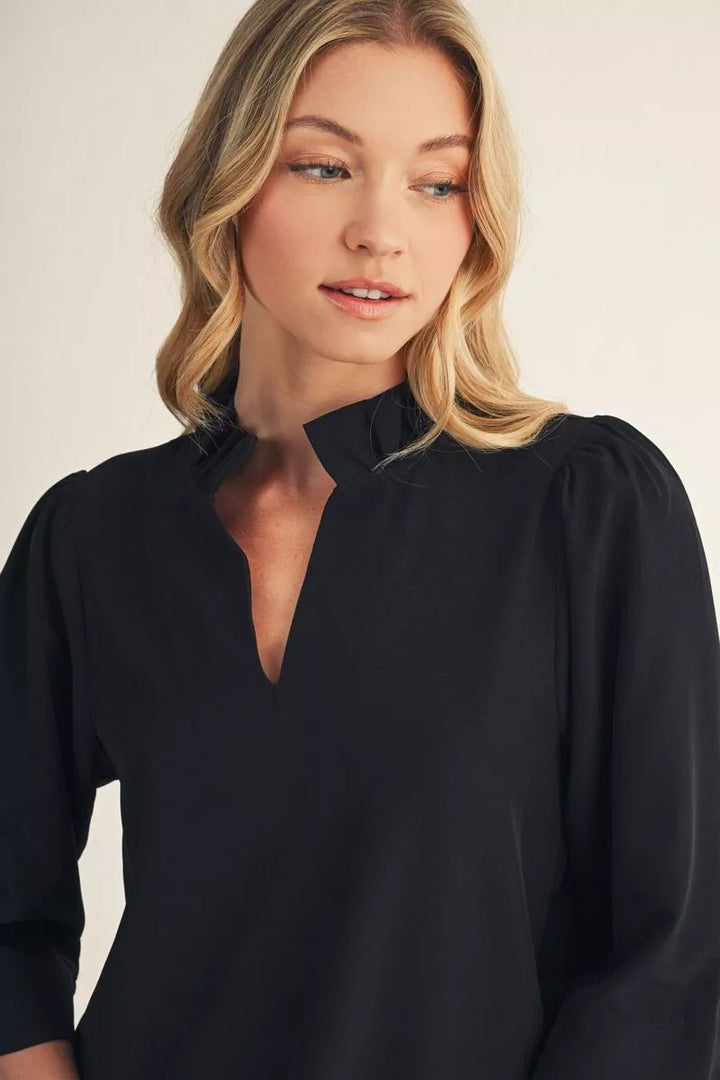 BLACK 3/4 SLEEVE RUFFLED SPLIT NECKLINE TOP