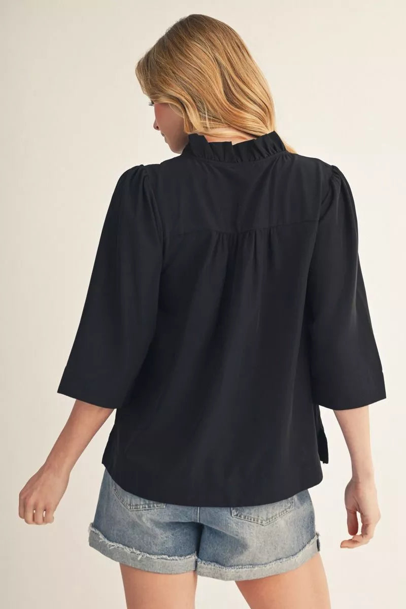 BLACK 3/4 SLEEVE RUFFLED SPLIT NECKLINE TOP