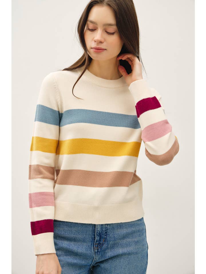 IVORY MULTI STRIPE CREWNECK SWEATER
