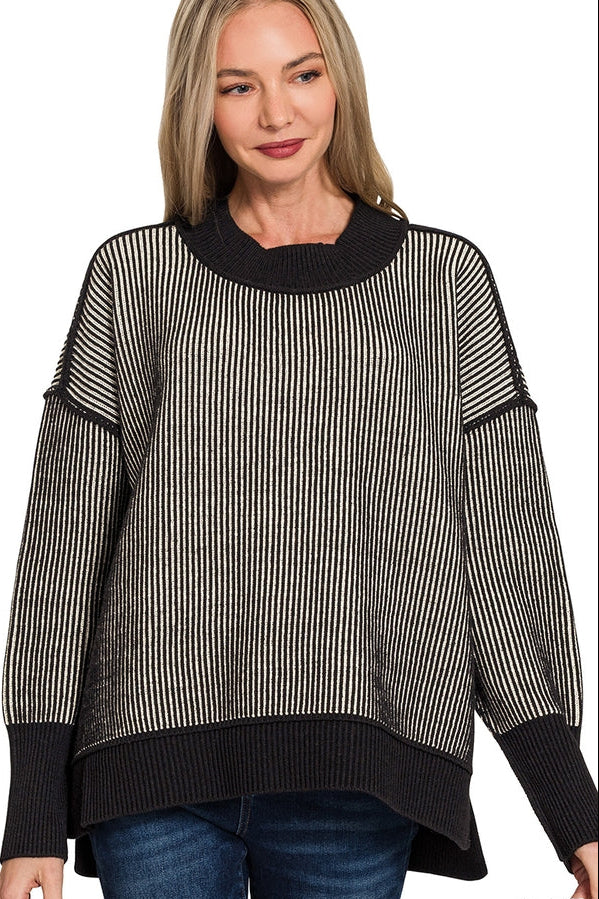 BLACK CREAM TWO TONE RIB SWEATER
