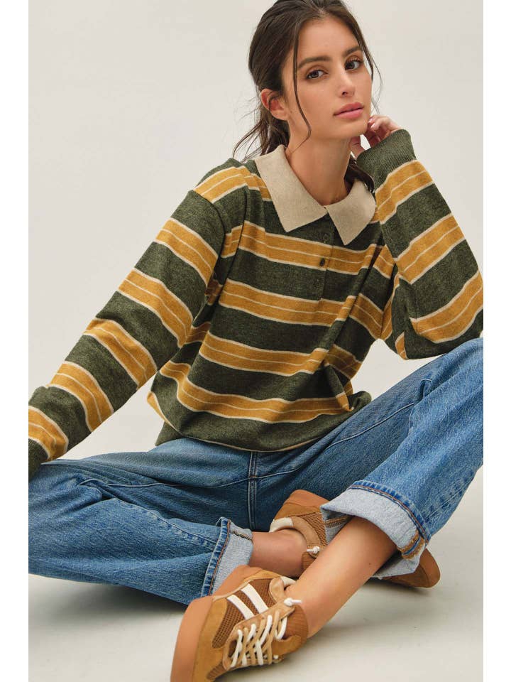 HUNTER GREEN & GOLD STRIPE POLO COLLAR SWEATER