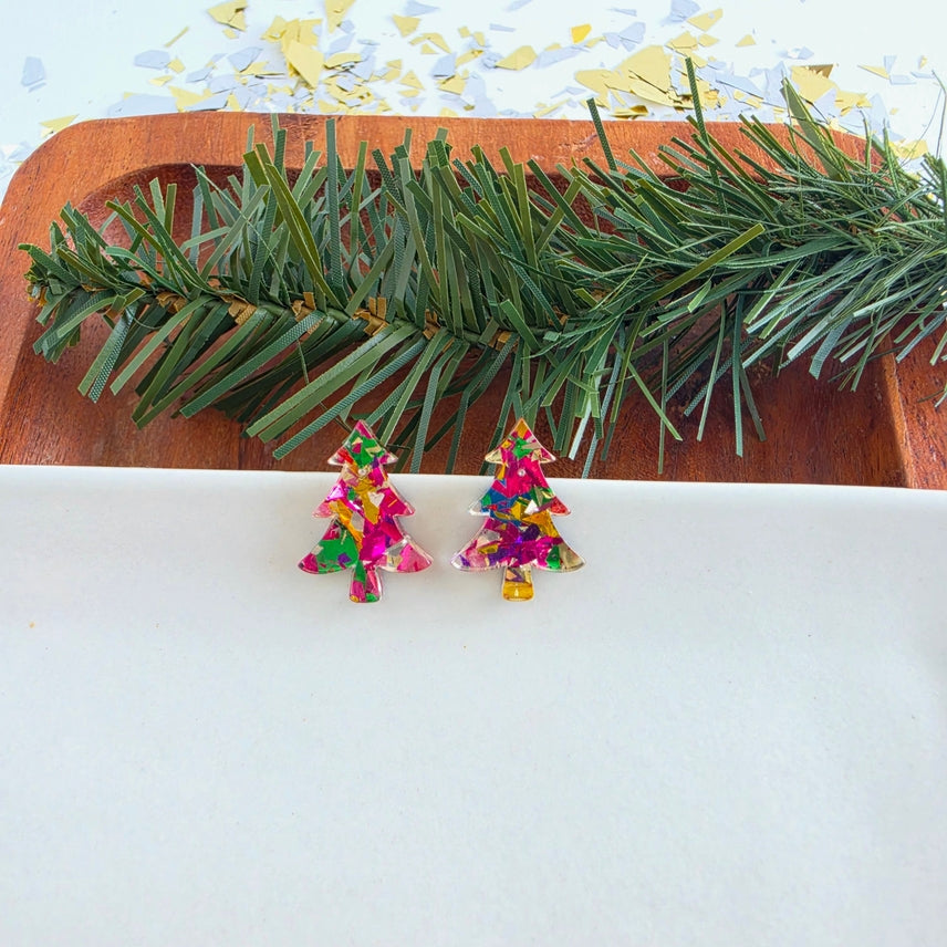 PINK TINSEL CHRISTMAS TREE STUD EARRINGS