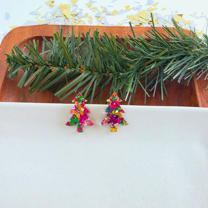 PINK TINSEL CHRISTMAS TREE STUD EARRINGS