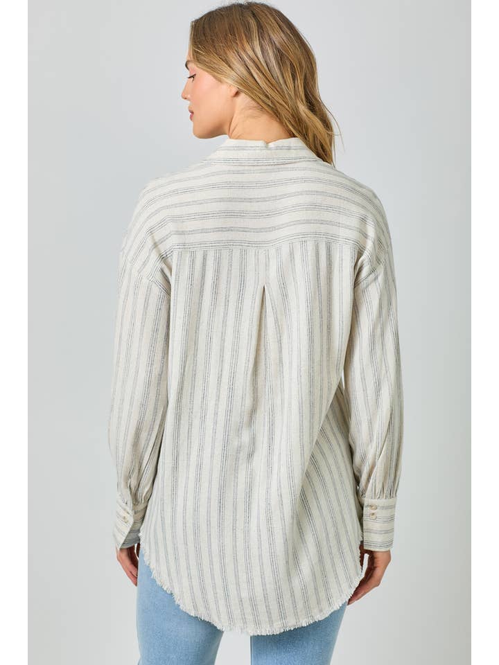 OATMEAL & NAVY STRIPE BUTTON UP SHIRT