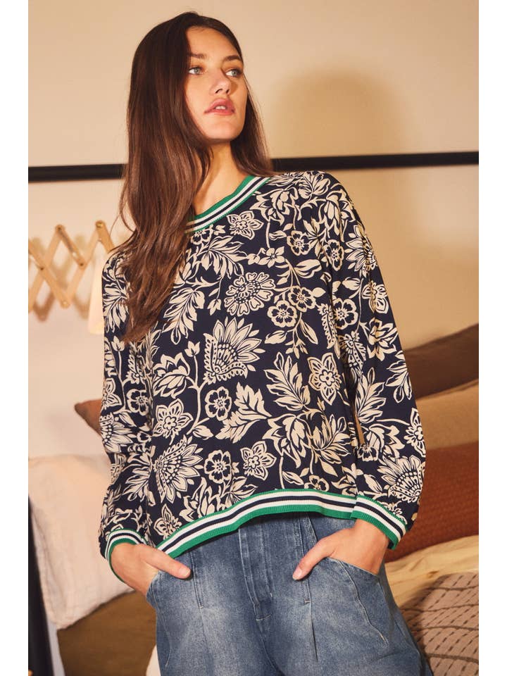 NAVY CASCADING FLORAL KNIT CREW TOP