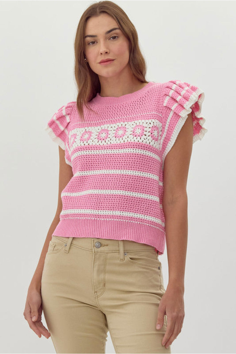 SWEET PINK CROCHET KNIT RUFFLE SWEATER