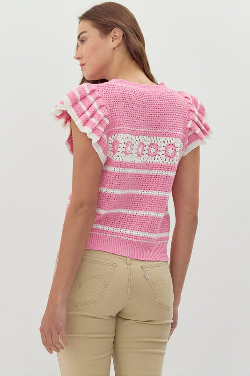 SWEET PINK CROCHET KNIT RUFFLE SWEATER
