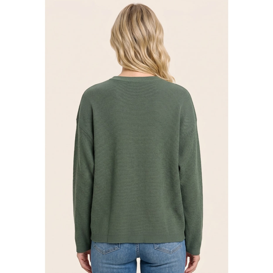 GREEN WAFFLE TEXTURE CREW SWEATER
