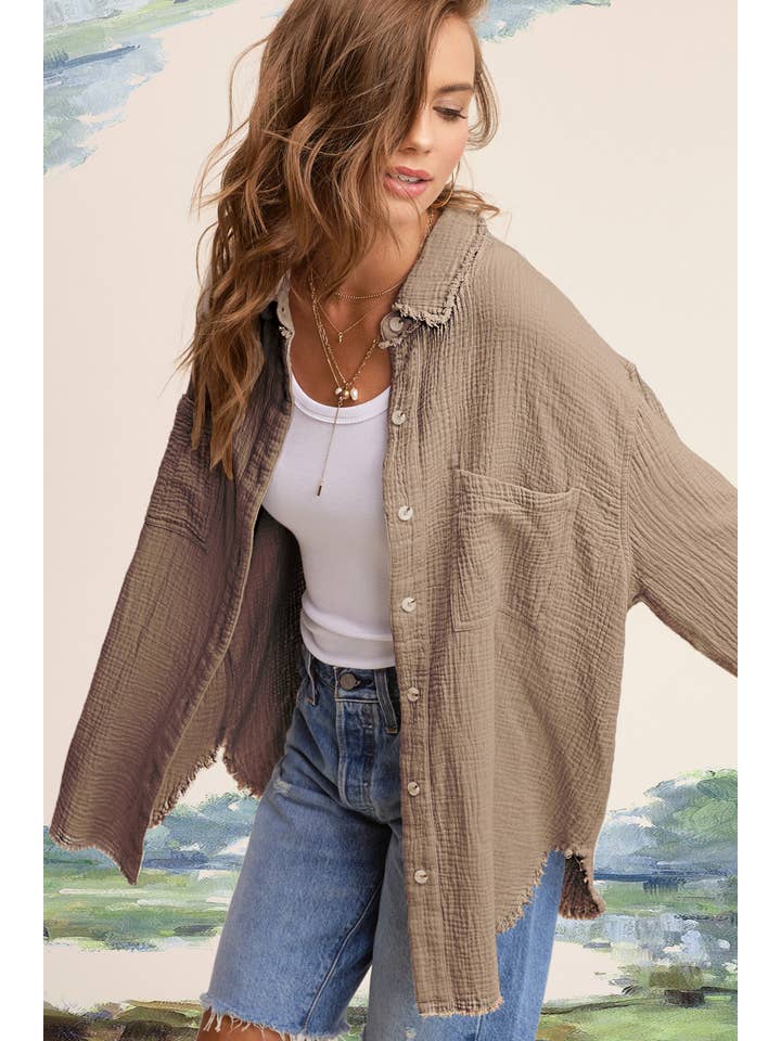 FEEL GOOD KHAKI GAUZE BOYFRIEND SHIRT
