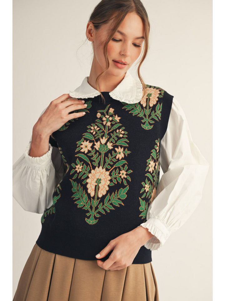 BLACK VINTAGE FLORAL SWEATER VEST