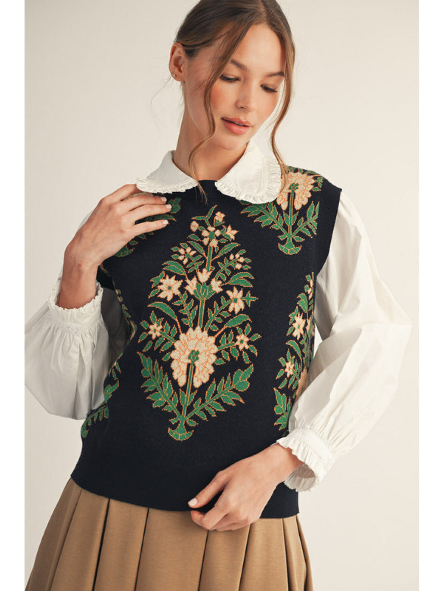BLACK VINTAGE FLORAL SWEATER VEST
