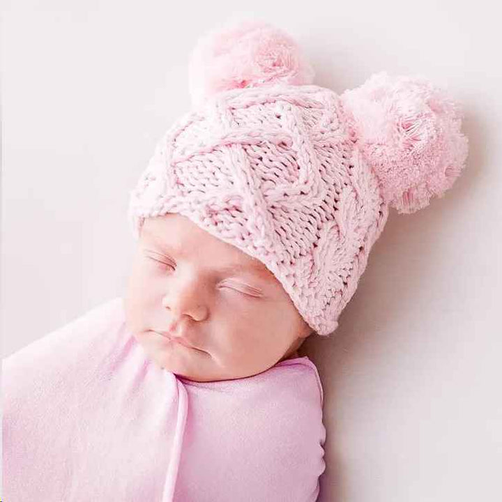 PINK DOUBLE POM NEWBORN HAT